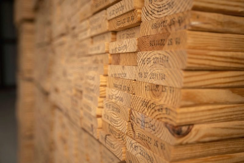 Grade-stamped treated lumber stacked on edge.